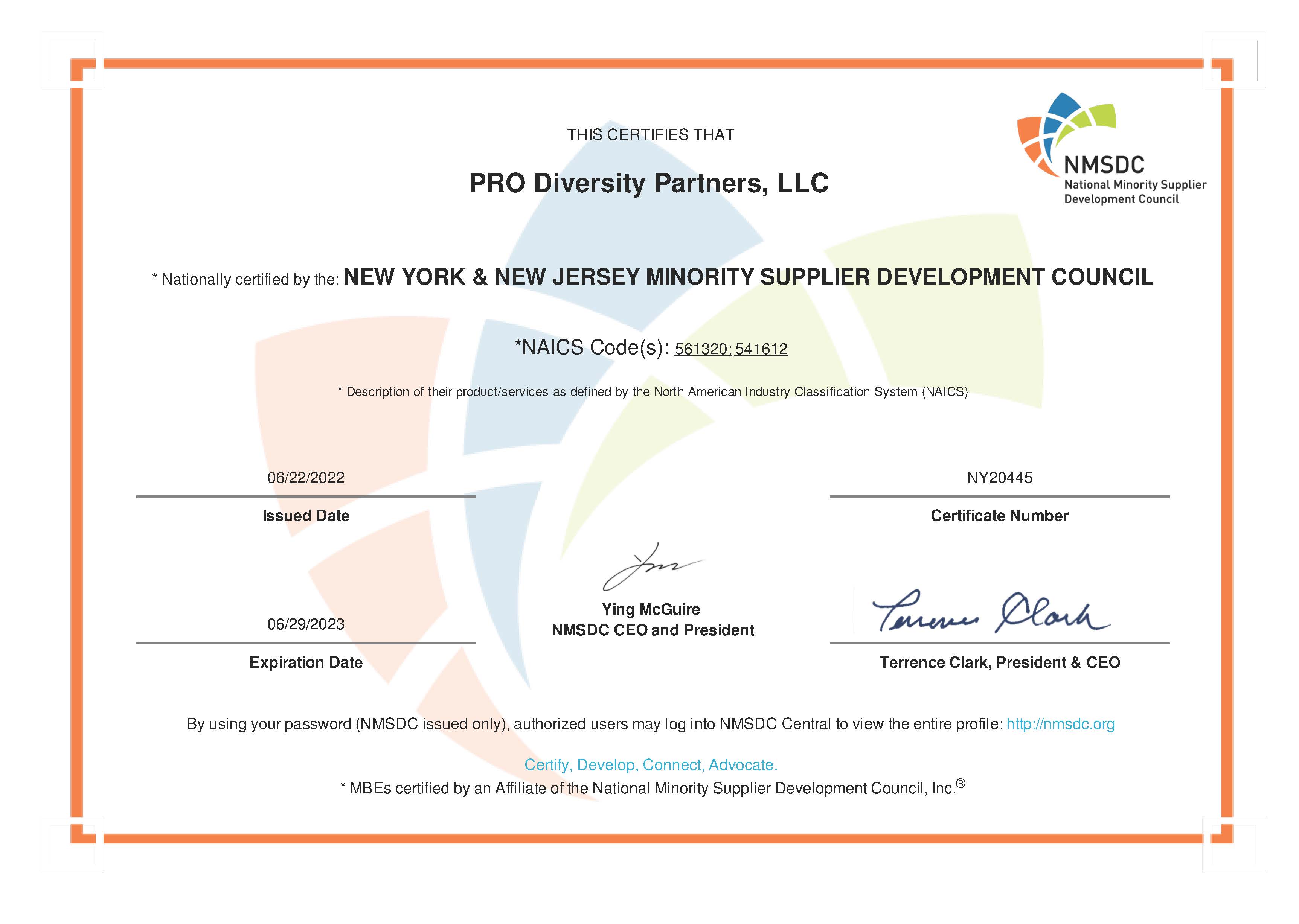 Certification of PRO Diversity Partners