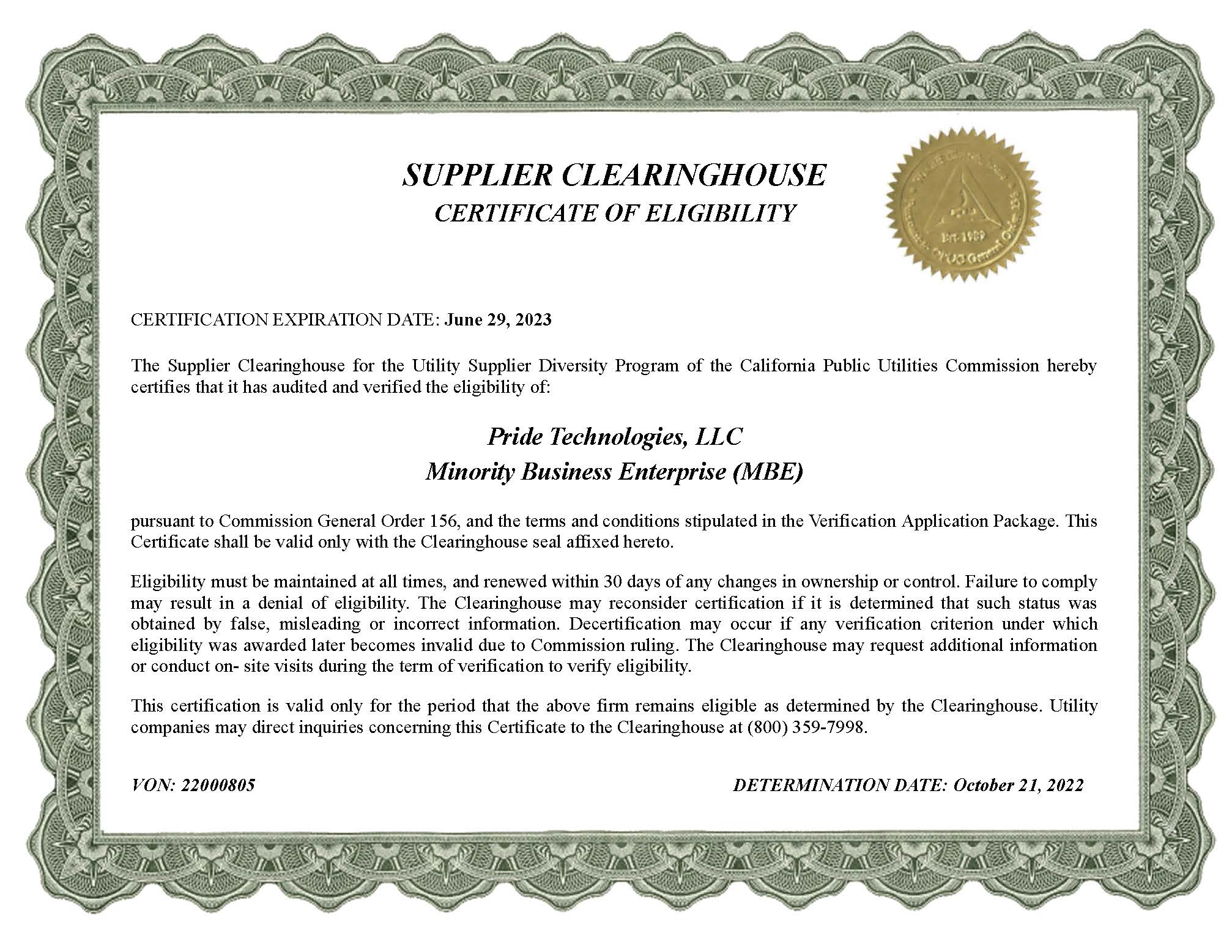 Certification of Supplier Clearinghouse