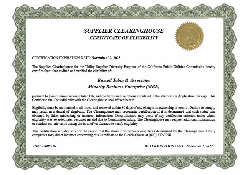 Supplier ClearingHouse certification of Russell Tobin and Associates